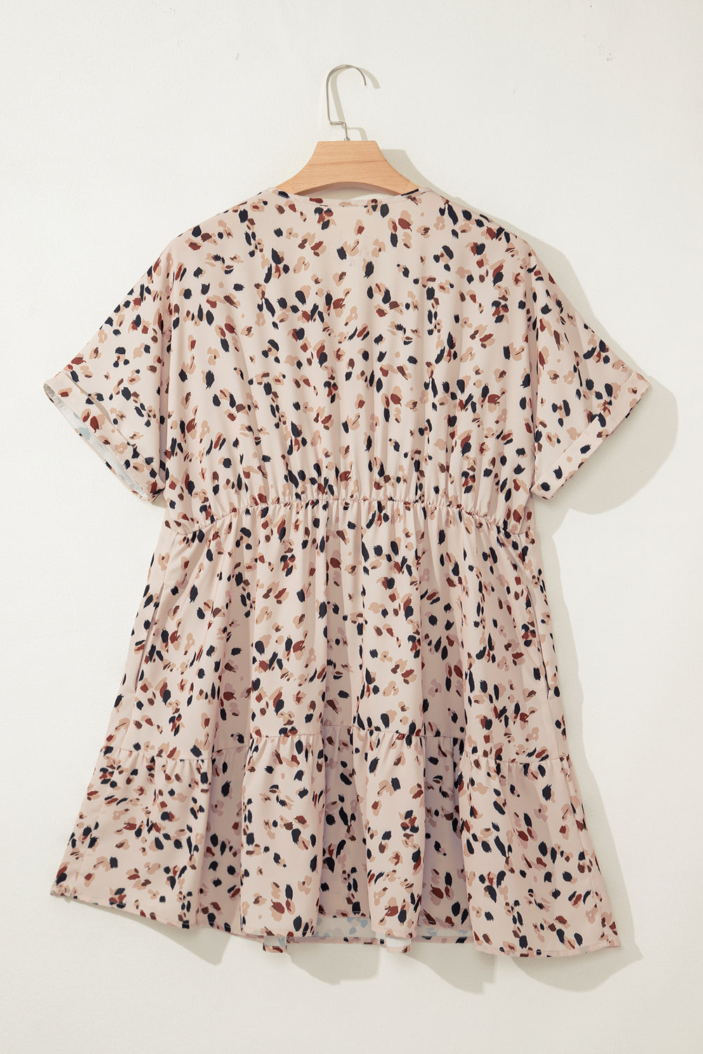 Beige Abstract Print Surplice V Neck Cuffed Sleeve Empire Waist Plus Size Dress