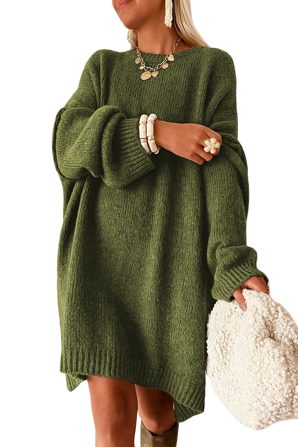 Pale Khaki Oversize Drop Shoulder Slouchy Sweater Dress