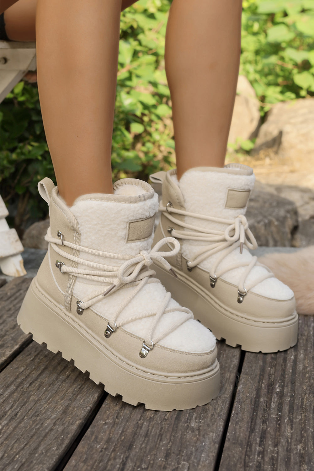 White Sherpa PU Leather Patchwork Lace-up Thick Bottom Snow Boots