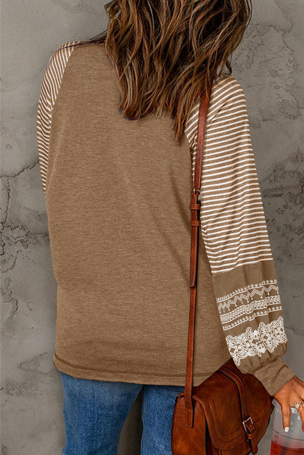 Brown Contrast Print Striped Raglan Long Sleeve Loose Top