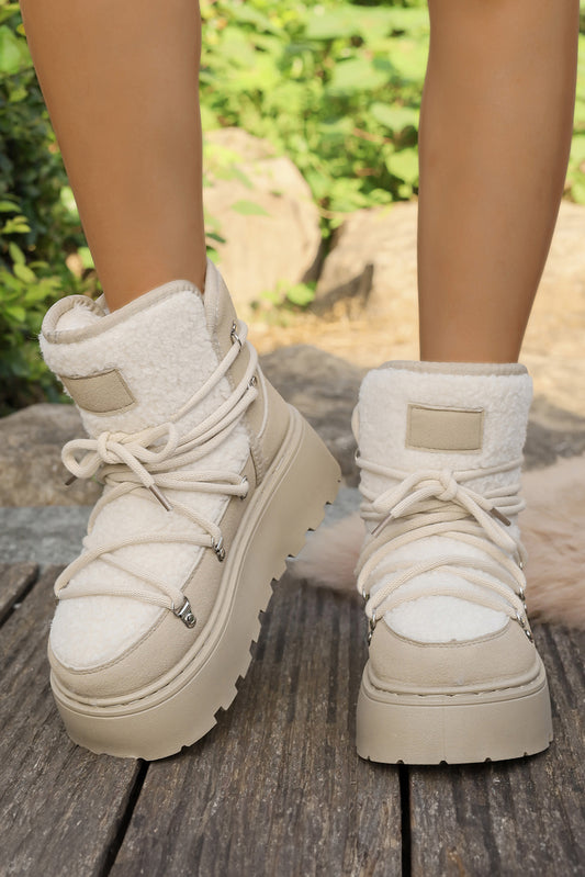 White Sherpa PU Leather Patchwork Lace-up Thick Bottom Snow Boots