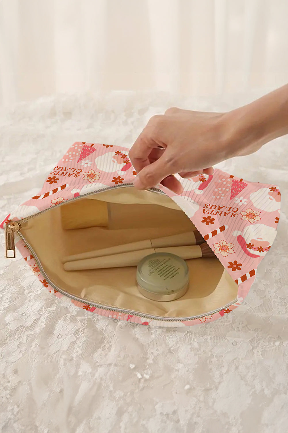 White Christmas Nutcracker Print Corduroy Zip Up Cosmetic Bag