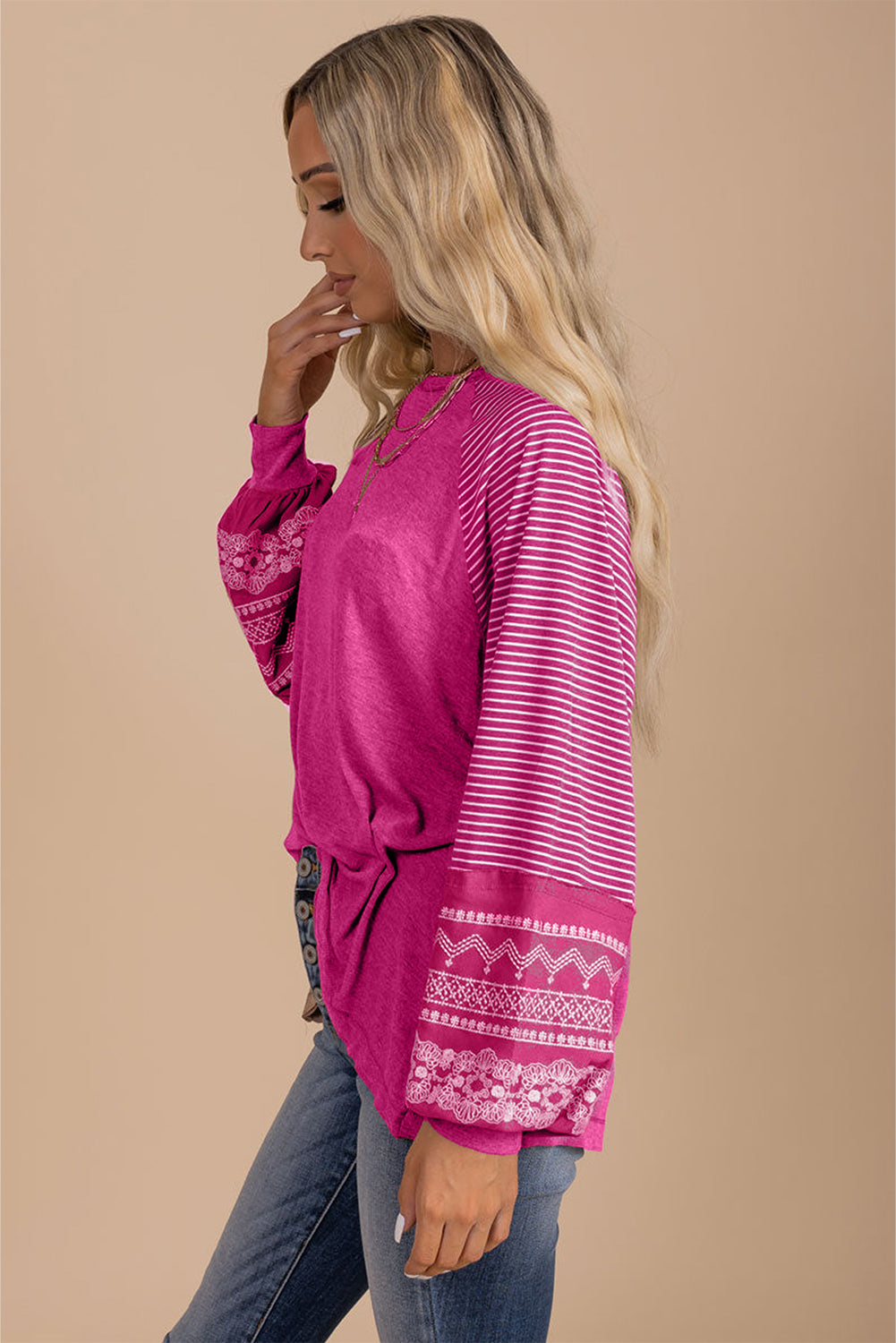 Brown Contrast Print Striped Raglan Long Sleeve Loose Top