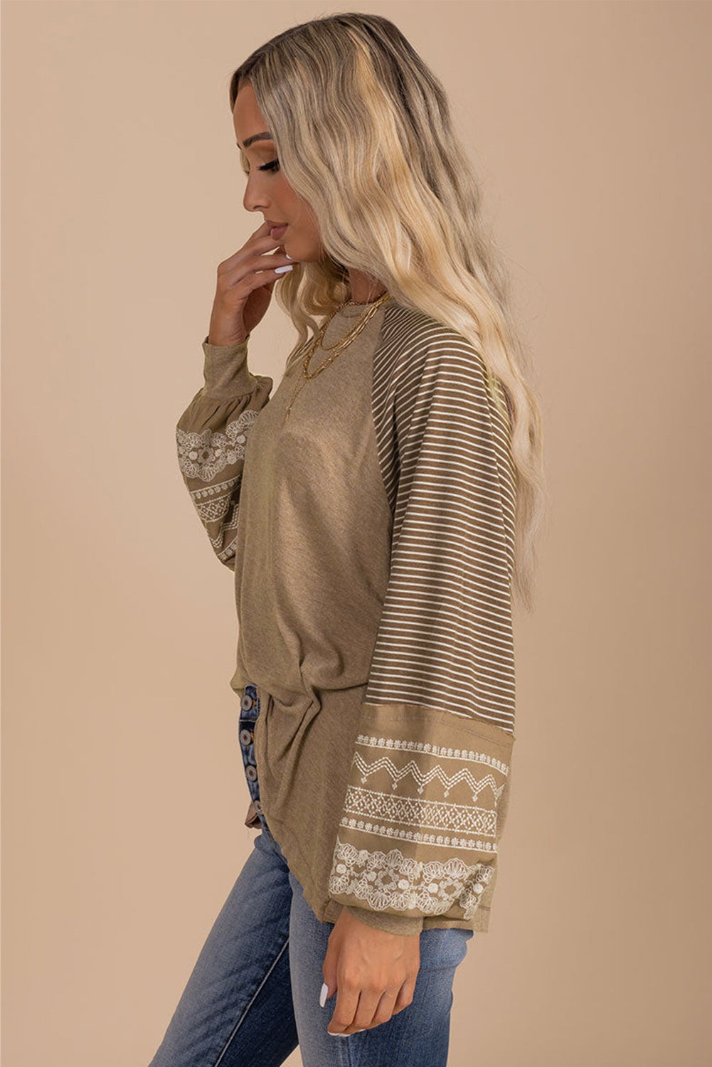 Brown Contrast Print Striped Raglan Long Sleeve Loose Top