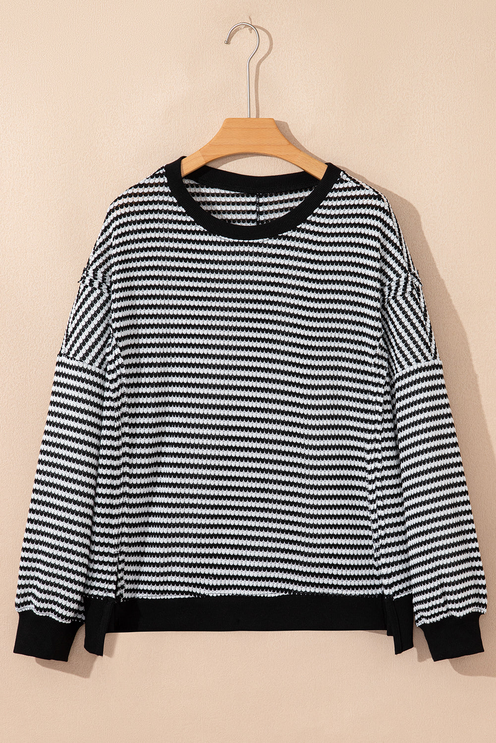 Black Stripe Ribbed Trim Drop Shoulder Long Sleeve Oversized Top