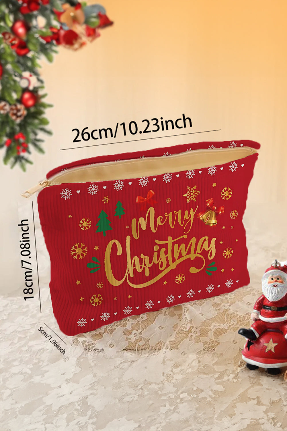 White Christmas Nutcracker Print Corduroy Zip Up Cosmetic Bag