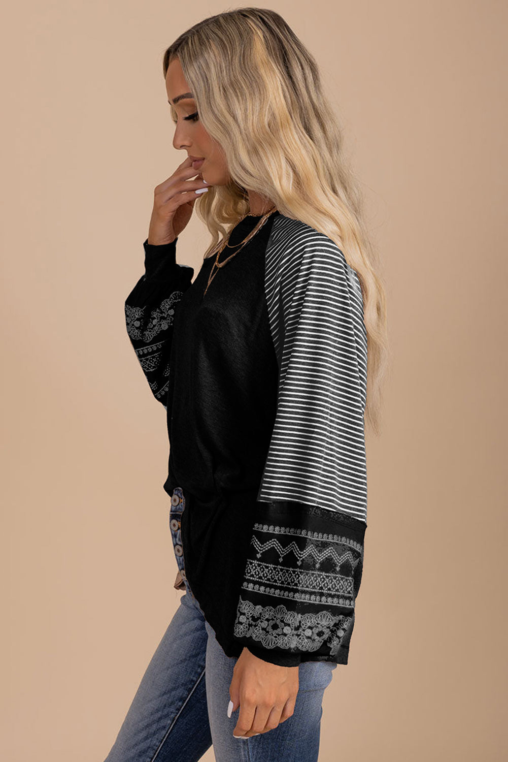 Brown Contrast Print Striped Raglan Long Sleeve Loose Top