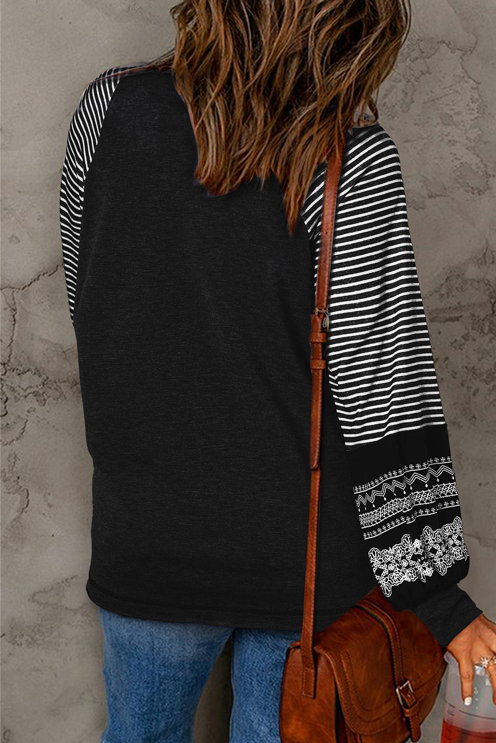 Brown Contrast Print Striped Raglan Long Sleeve Loose Top