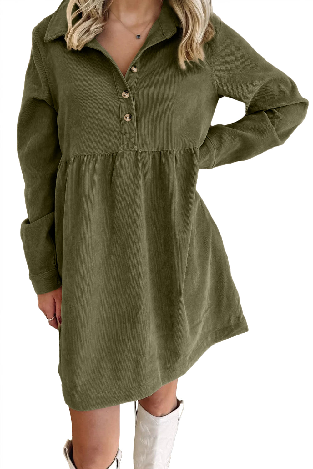 Black Corduroy Half Button Collared Long Sleeve Mini Dress