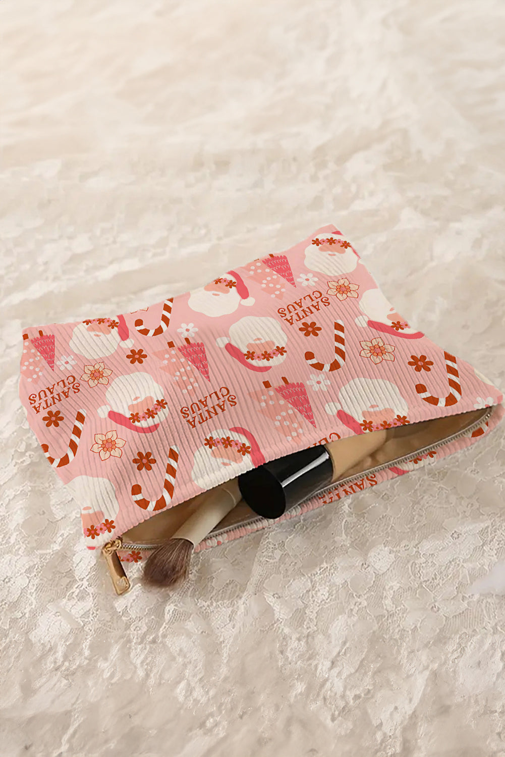 White Christmas Nutcracker Print Corduroy Zip Up Cosmetic Bag