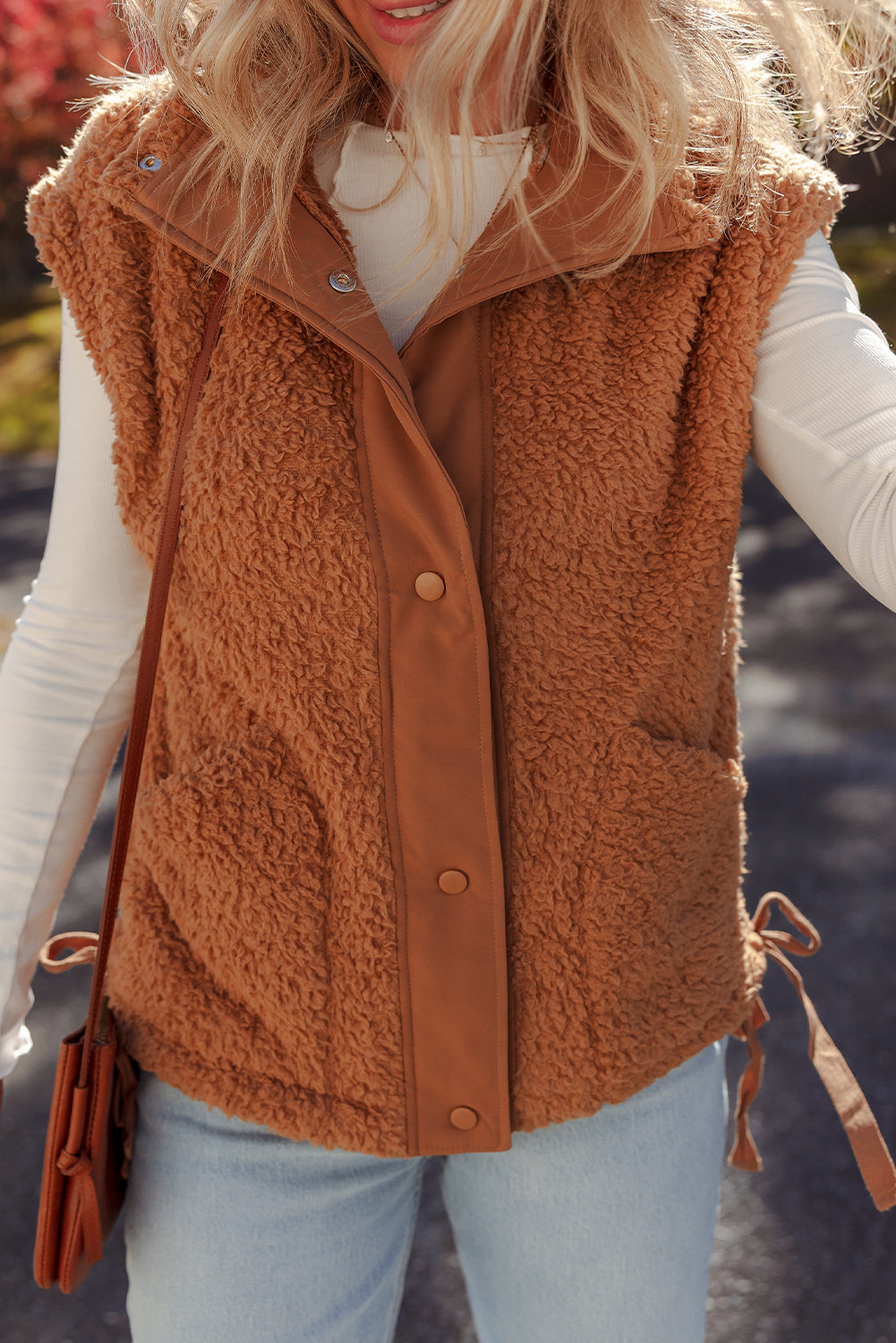 Beige Faux Fur Snap Button Front Knot Side Plush Vest
