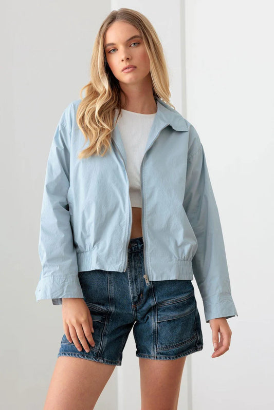 Baby Blue 100% Cotton Zip Up Collared Boxy Jacket