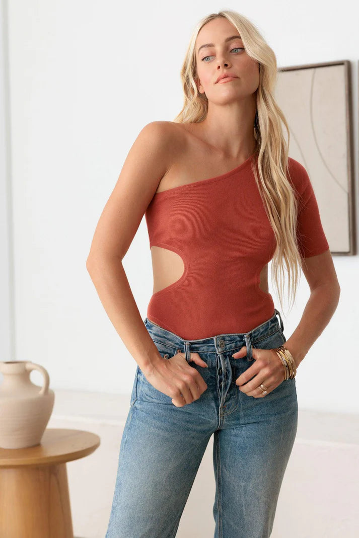 One Shoulder Side Cut-Out Stretchy Bodysuit